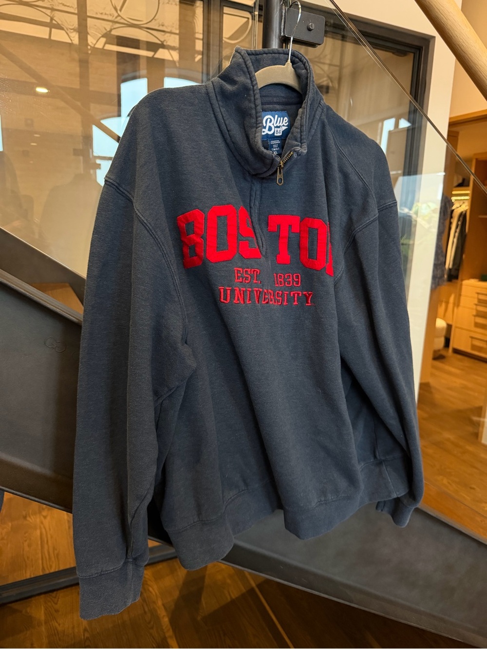 Boston University Navy Quarter-Zip Pullover Sweatshirt with Red Boston Lettering